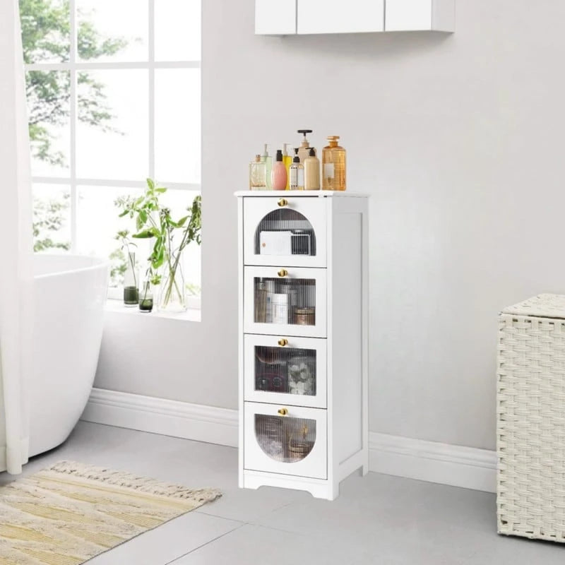 Meuble bas de salle de bain avec 4 tiroirs, petite armoire de rangement en bois