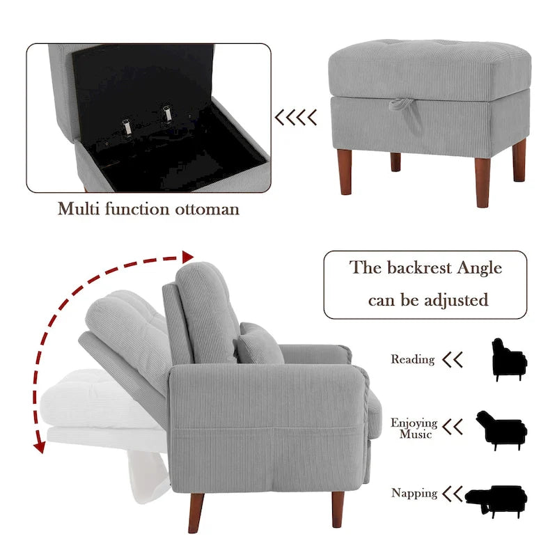 Fauteuil de salon moderne et pouf de rangement avec dossier réglable
