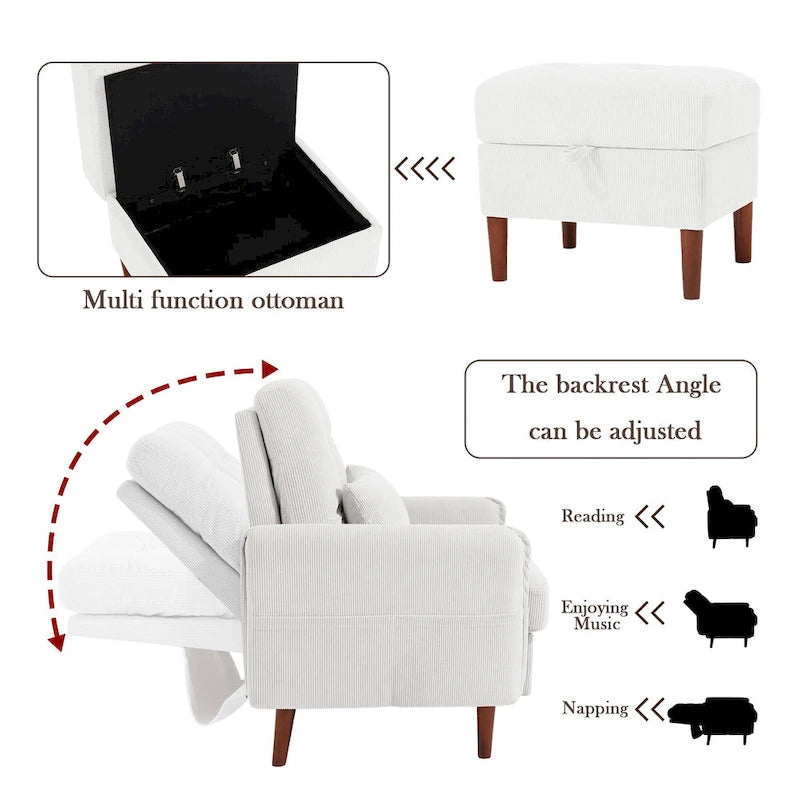 Fauteuil de salon moderne et pouf de rangement avec dossier réglable