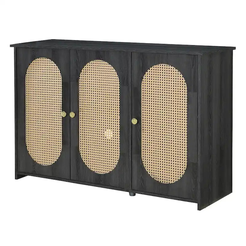 Bahut avec portes en rotin synthétique, Buffet à 3 portes avec étagères, Meuble de bar à café avec poignées en métal