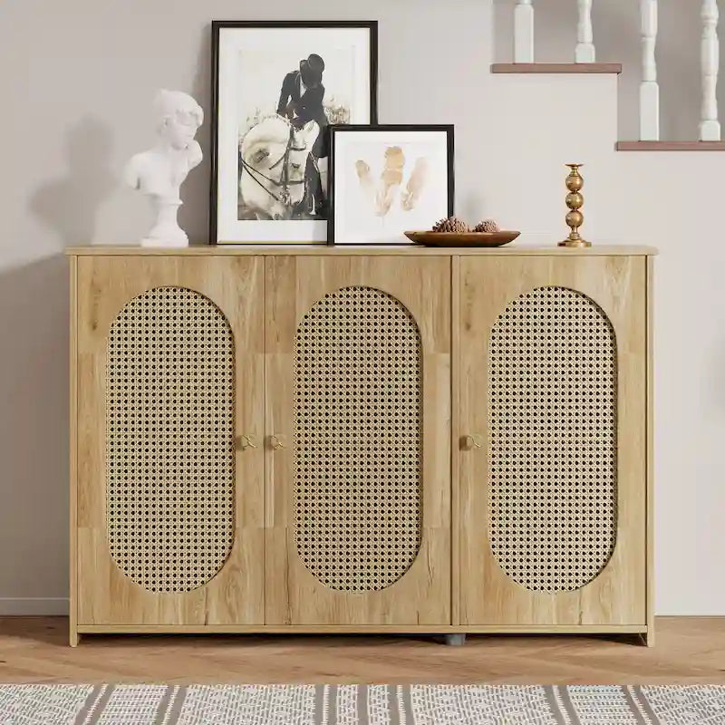 Bahut avec portes en rotin synthétique, Buffet à 3 portes avec étagères, Meuble de bar à café avec poignées en métal