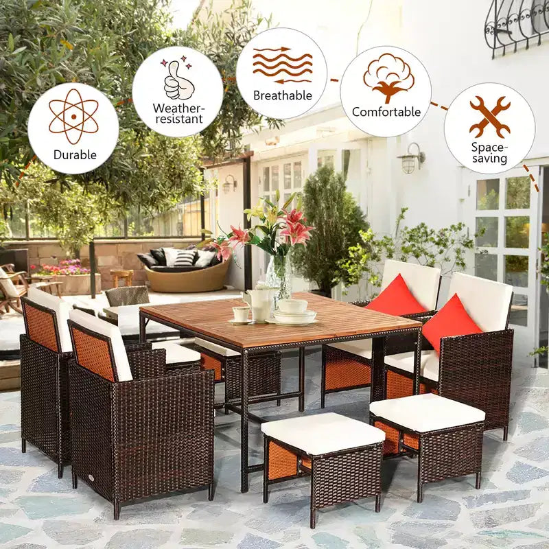 Costway 9PCS Acacia Wood Patio Rattan Dining Set Cushioned Chairs Ottoman