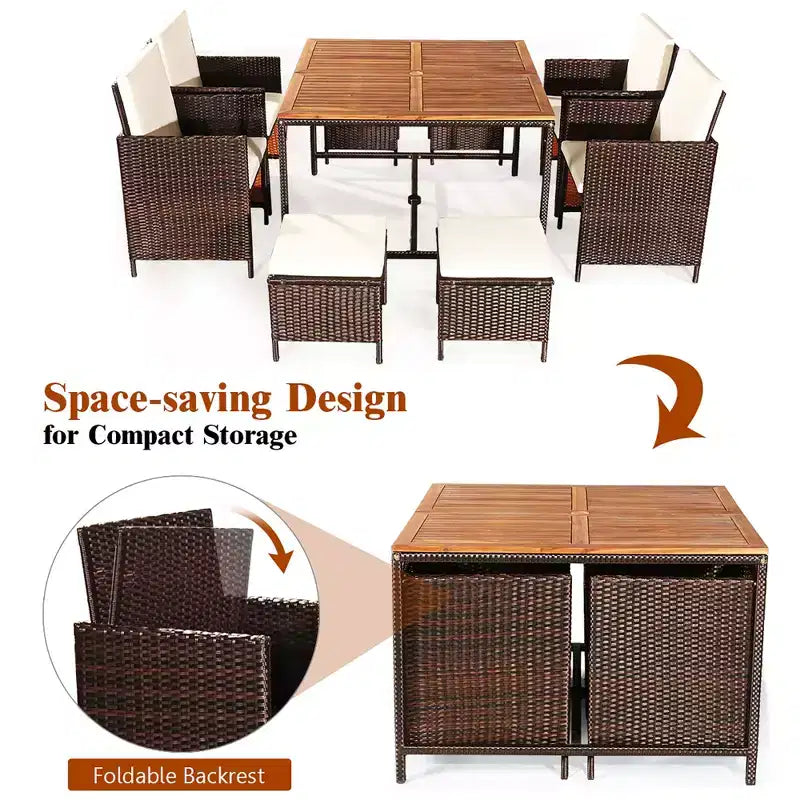 Costway 9PCS Acacia Wood Patio Rattan Dining Set Cushioned Chairs Ottoman