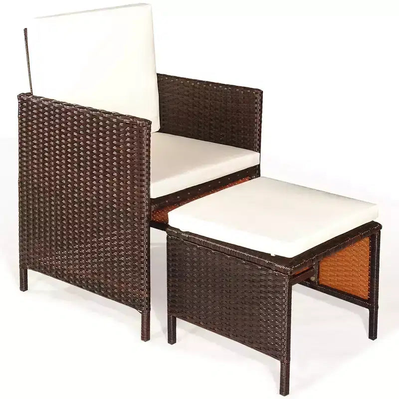 Costway 9PCS Acacia Wood Patio Rattan Dining Set Cushioned Chairs Ottoman