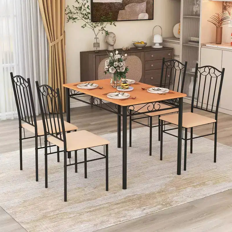 Costway 5 PCS Dining Set Wood Metal 30 Table & 4 Chairs Upholstered Kitchen Breakfast Furniture