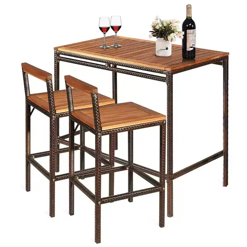 Costway 3 PCS Patio Rattan Wicker Bar wood Table Chair Outdoor