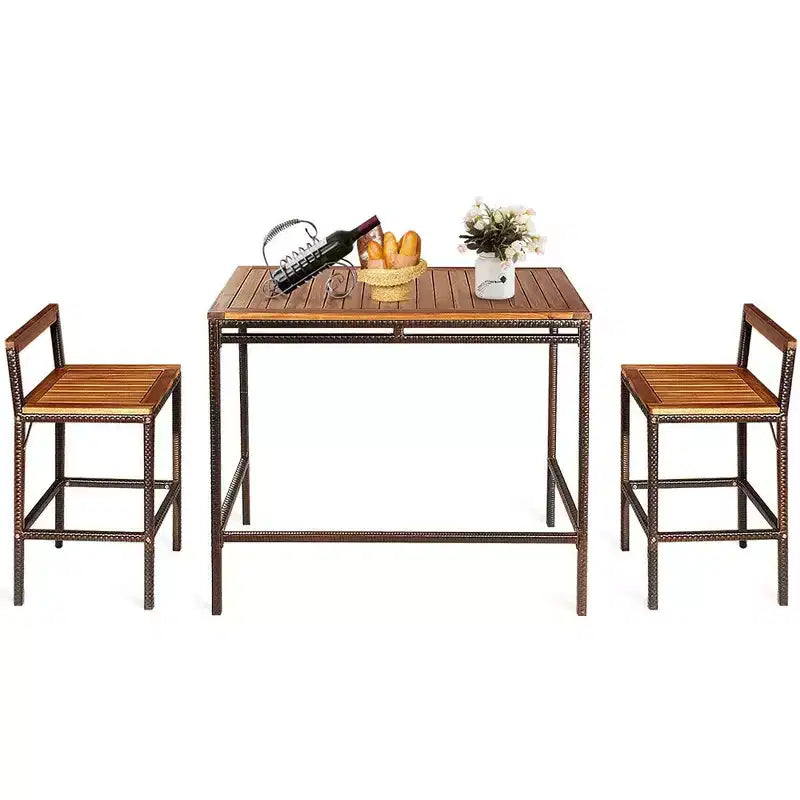 Costway 3 PCS Patio Rattan Wicker Bar wood Table Chair Outdoor
