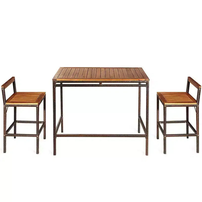 Costway 3 PCS Patio Rattan Wicker Bar wood Table Chair Outdoor