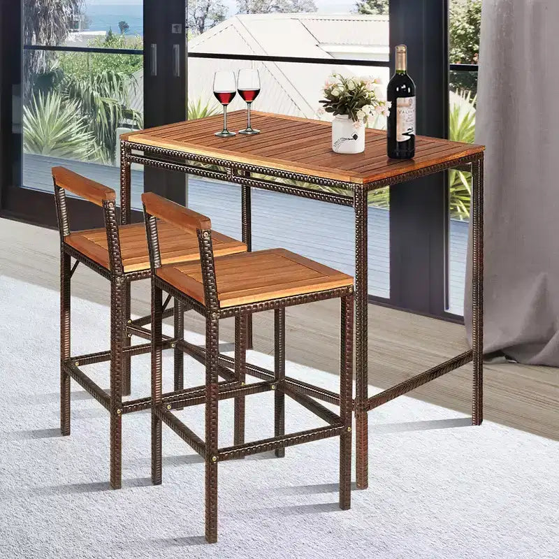 Costway 3 PCS Patio Rattan Wicker Bar wood Table Chair Outdoor