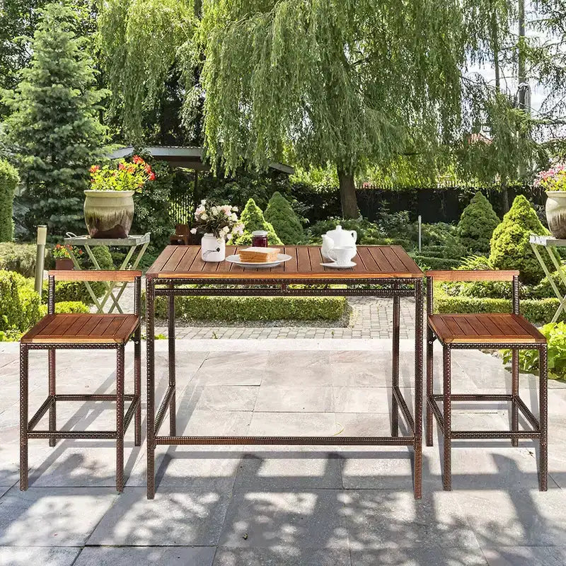 Costway 3 PCS Patio Rattan Wicker Bar wood Table Chair Outdoor