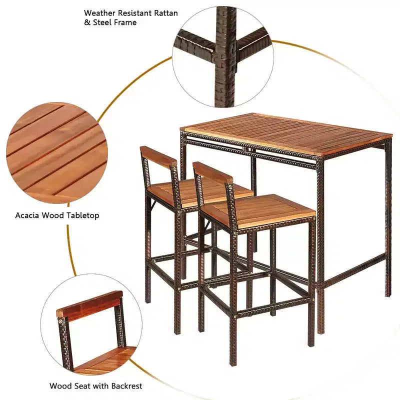 Costway 3 PCS Patio Rattan Wicker Bar wood Table Chair Outdoor
