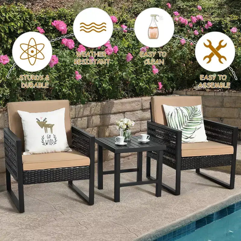 Costway 3PCS Patio Rattan Bistro Furniture Set Cushioned Sofa Chair Coffee Table Garden