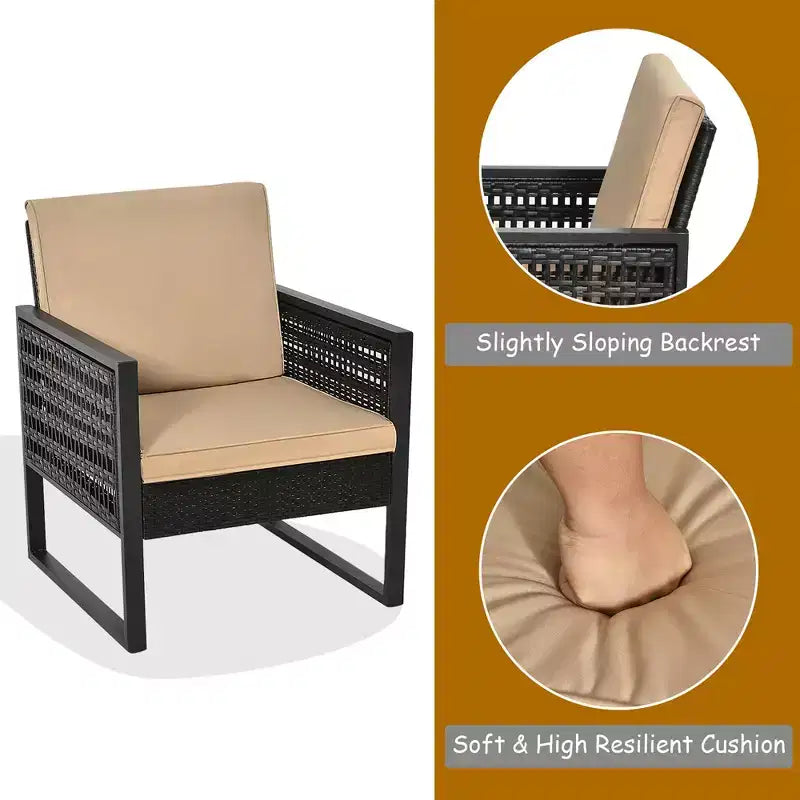 Costway 3PCS Patio Rattan Bistro Furniture Set Cushioned Sofa Chair Coffee Table Garden