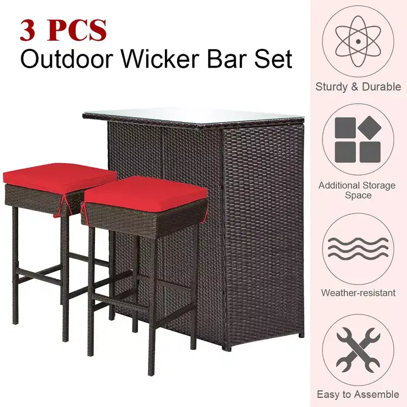 Costway 3PCS Patio Rattan Wicker Bar Table Stools Dining Set Cushioned Chairs Garden Red