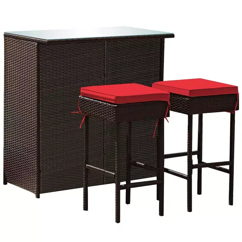 Costway 3PCS Patio Rattan Wicker Bar Table Stools Dining Set Cushioned Chairs Garden Red