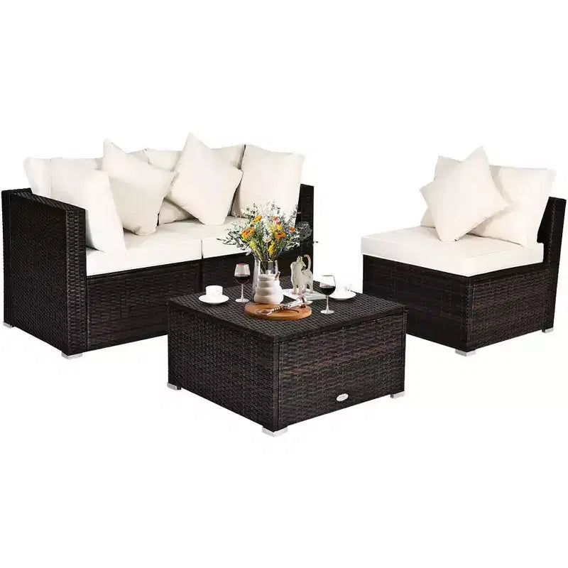 Costway 4PCS Patio Rattan Wicker Sofa Furniture Set Cushioned Conversation Ottoman Set