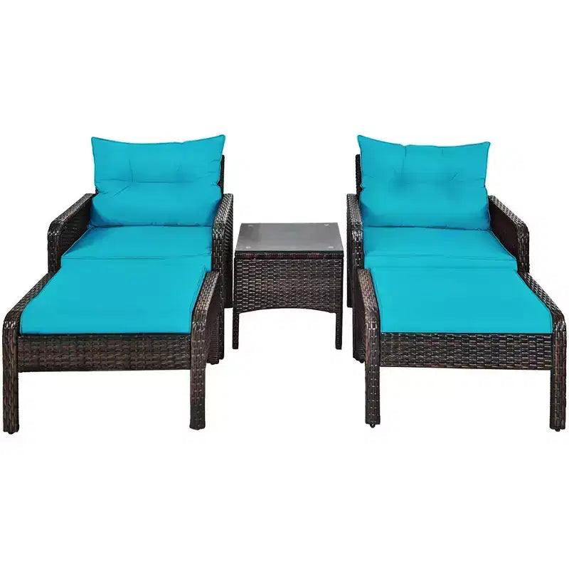 Costway 5 PCS Patio Rattan Furniture Set Sofa Ottoman Table Cushioned Turquoise