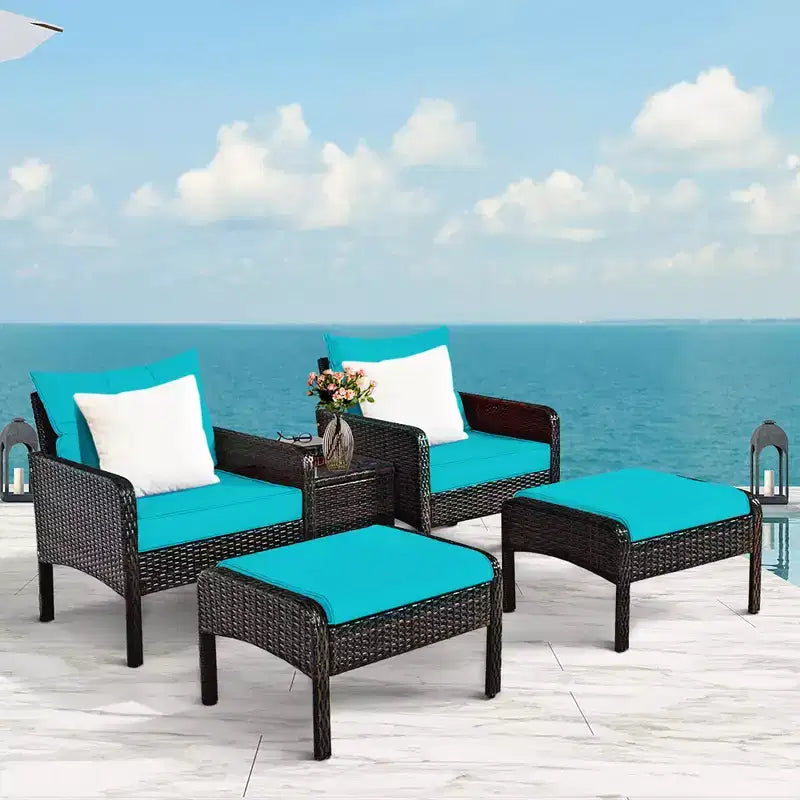 Costway 5 PCS Patio Rattan Furniture Set Sofa Ottoman Table Cushioned Turquoise