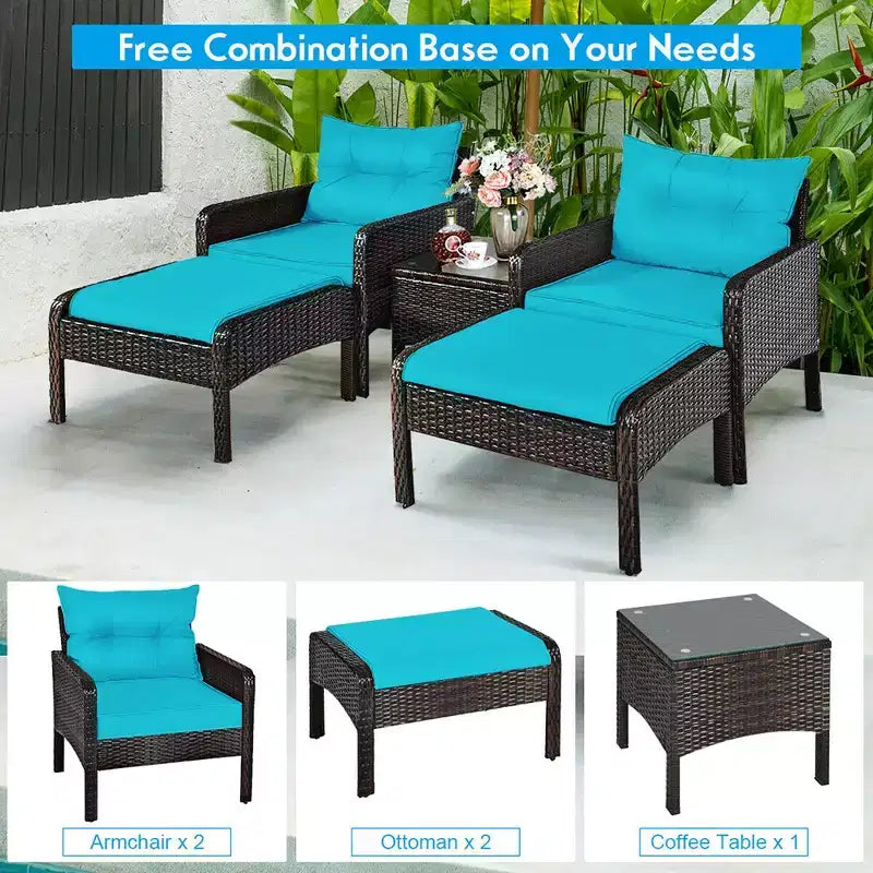 Costway 5 PCS Patio Rattan Furniture Set Sofa Ottoman Table Cushioned Turquoise