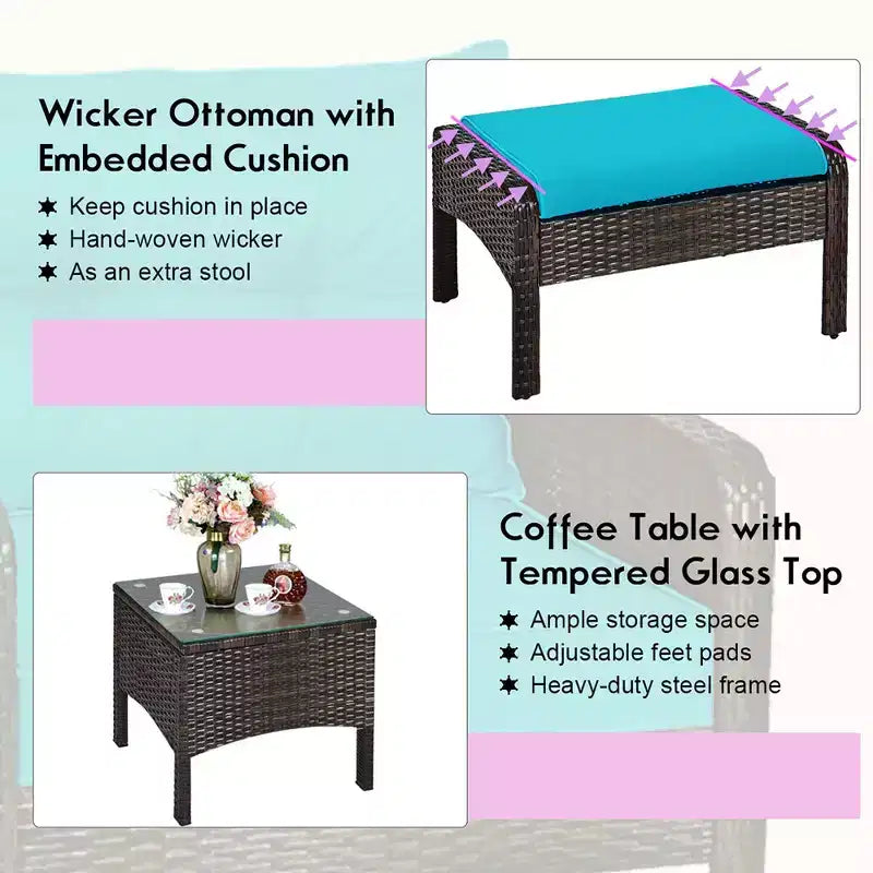 Costway 5 PCS Patio Rattan Furniture Set Sofa Ottoman Table Cushioned Turquoise