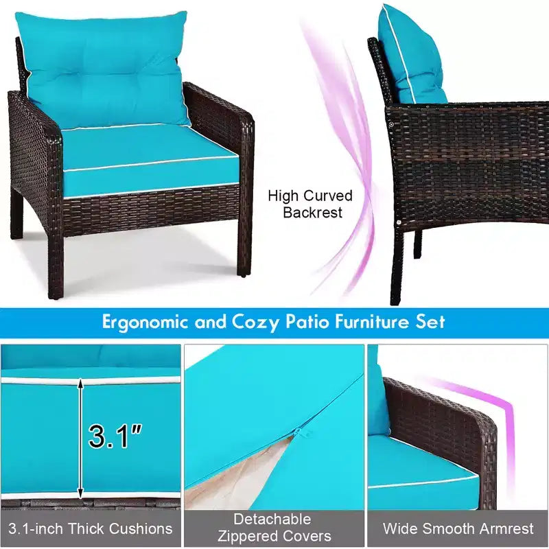 Costway 5 PCS Patio Rattan Furniture Set Sofa Ottoman Table Cushioned Turquoise