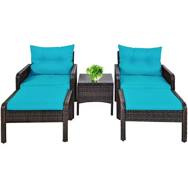 Costway 5 PCS Patio Rattan Furniture Set Sofa Ottoman Table Cushioned Turquoise