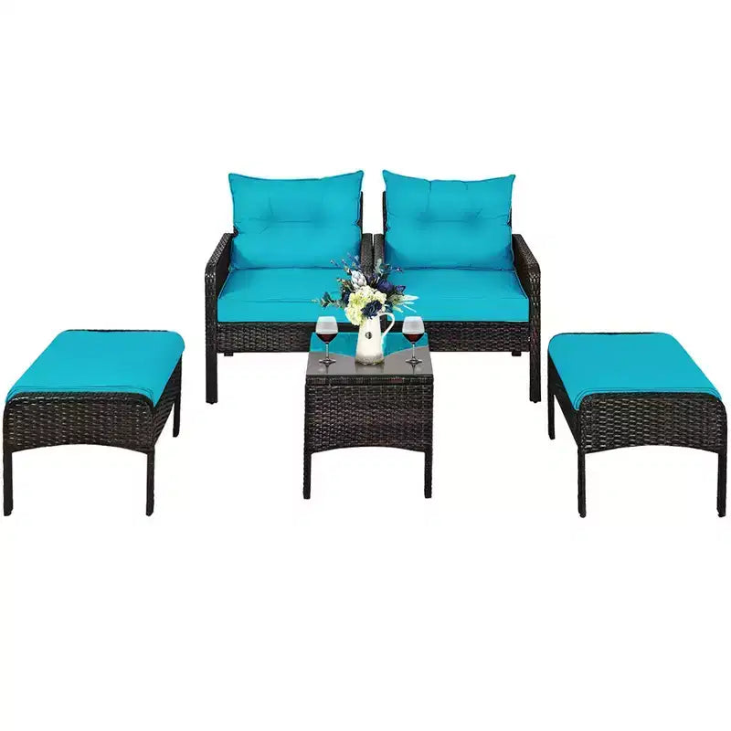 Costway 5 PCS Patio Rattan Furniture Set Sofa Ottoman Table Cushioned Turquoise