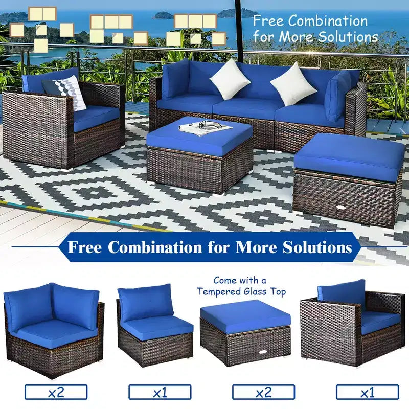 Costway 6PCS Patio Rattan Furniture Set Sectional Cushion Sofa Coffee Table Ottoman Navy