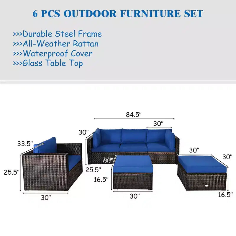 Costway 6PCS Patio Rattan Furniture Set Sectional Cushion Sofa Coffee Table Ottoman Navy