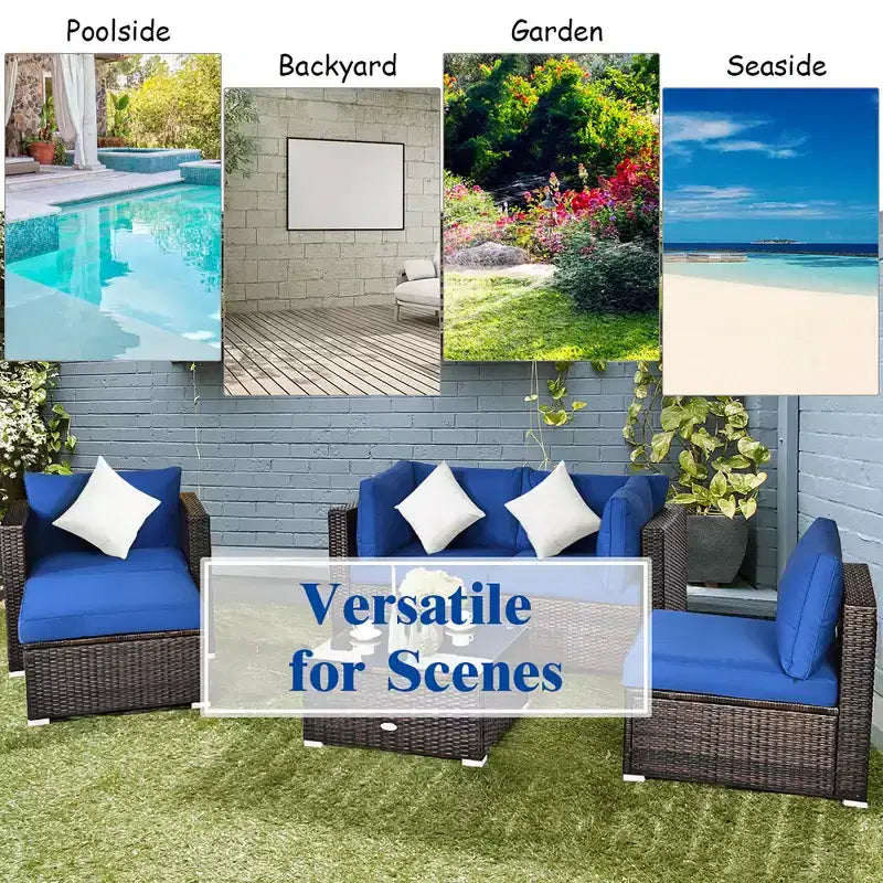 Costway 6PCS Patio Rattan Furniture Set Sectional Cushion Sofa Coffee Table Ottoman Navy