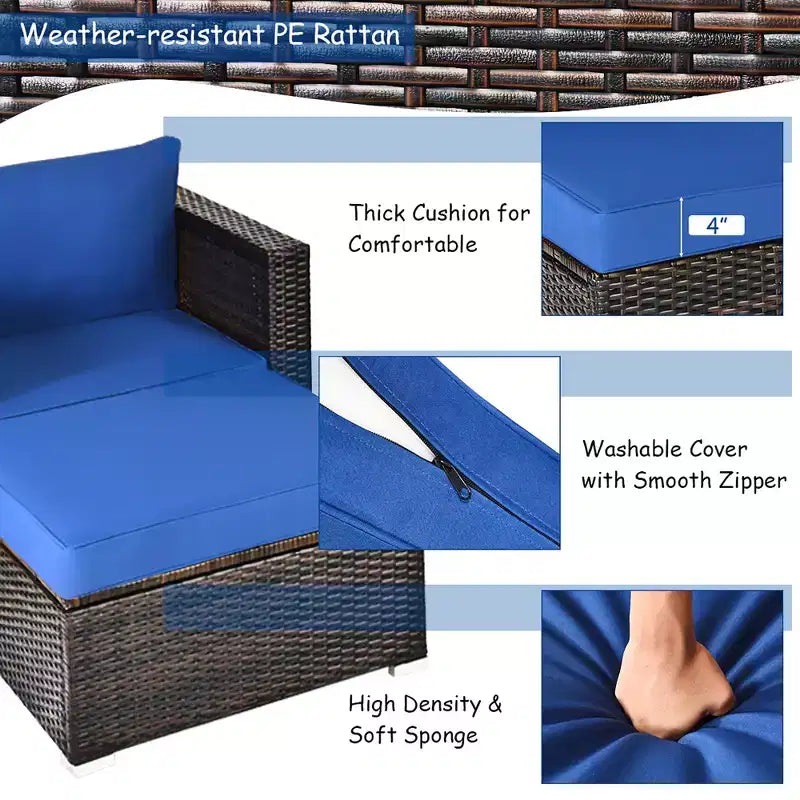 Costway 6PCS Patio Rattan Furniture Set Sectional Cushion Sofa Coffee Table Ottoman Navy
