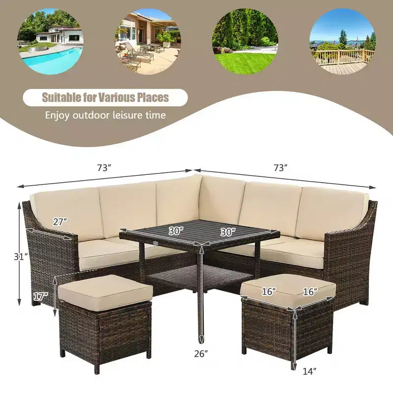 Costway 6PCS Patio Rattan Dining Sofa furniture Set Ottoman Table Lower Shelf