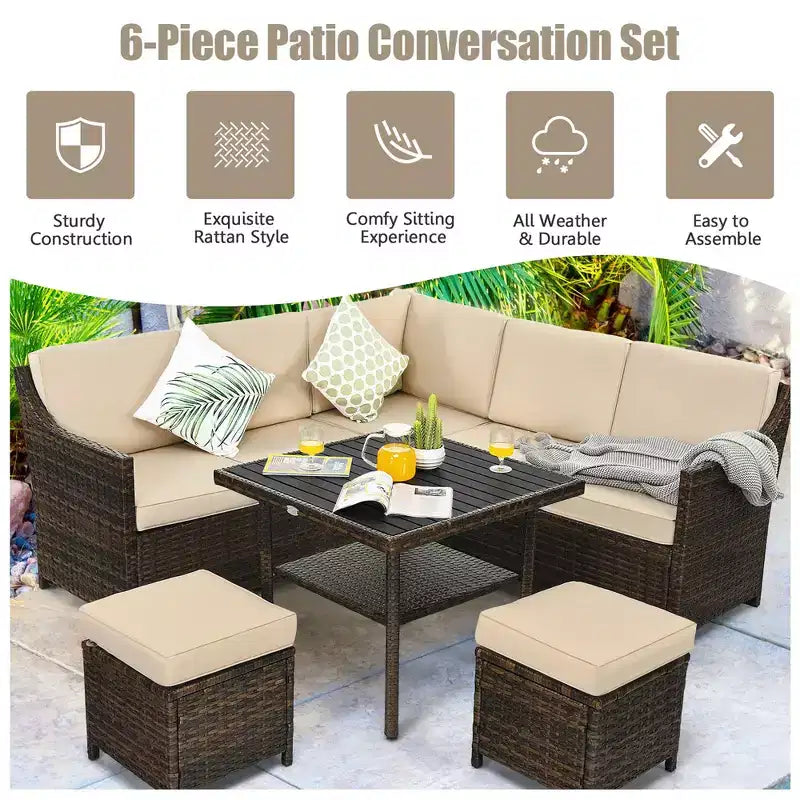 Costway 6PCS Patio Rattan Dining Sofa furniture Set Ottoman Table Lower Shelf