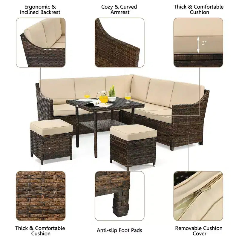 Costway 6PCS Patio Rattan Dining Sofa furniture Set Ottoman Table Lower Shelf