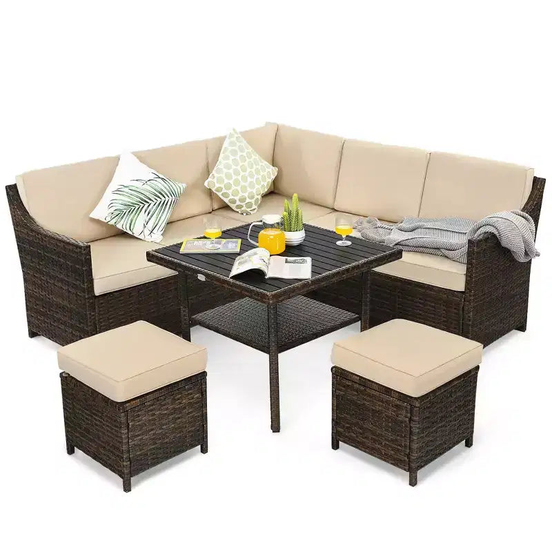 Costway 6PCS Patio Rattan Dining Sofa furniture Set Ottoman Table Lower Shelf