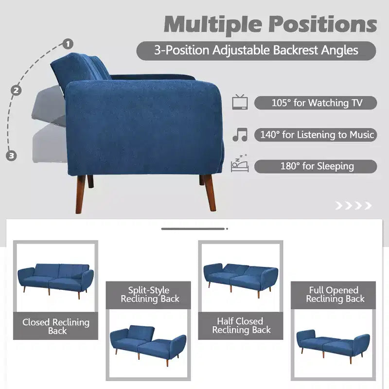 Costway Convertible Futon Sofa Bed Adjustable Couch Sleeper w/ Wood Legs Navy\Grey\Yellow