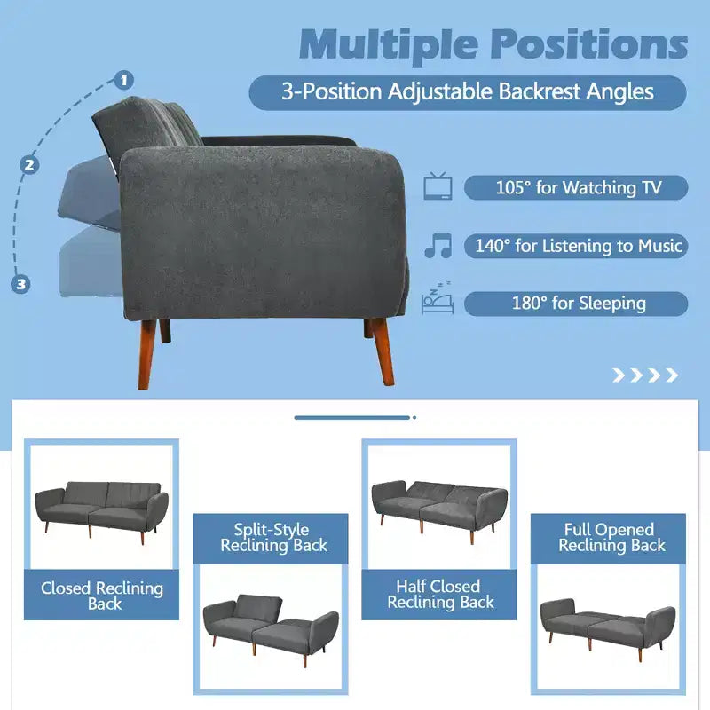 Costway Convertible Futon Sofa Bed Adjustable Couch Sleeper w/ Wood Legs Navy\Grey\Yellow