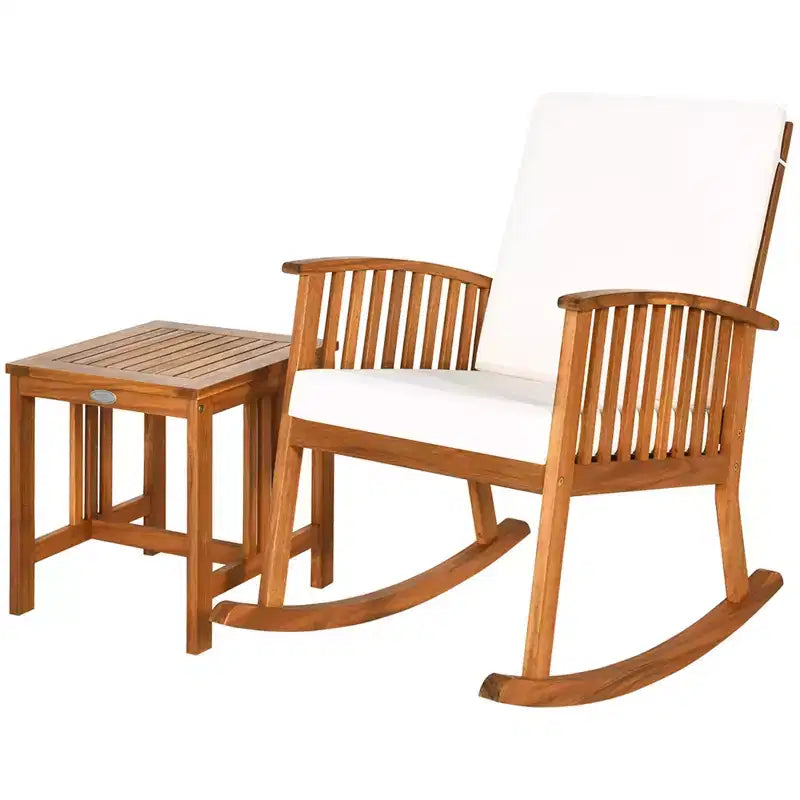 Costway 2PCS Acacia Wood Patio Rocking Chair Set Cushioned Coffee Table