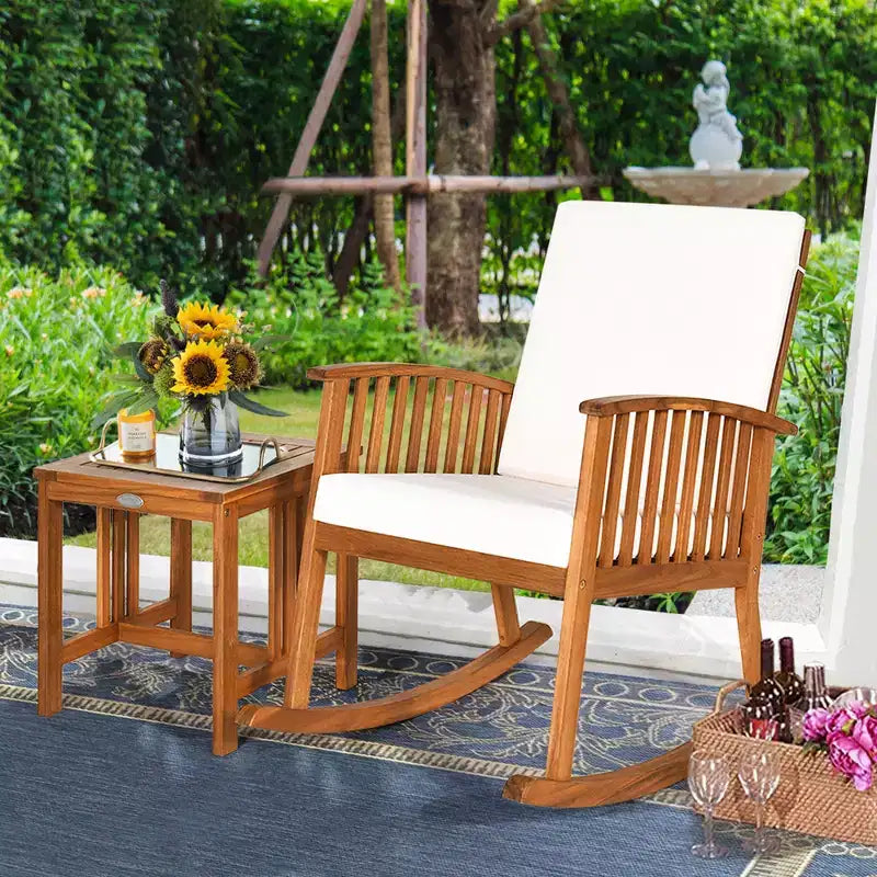 Costway 2PCS Acacia Wood Patio Rocking Chair Set Cushioned Coffee Table