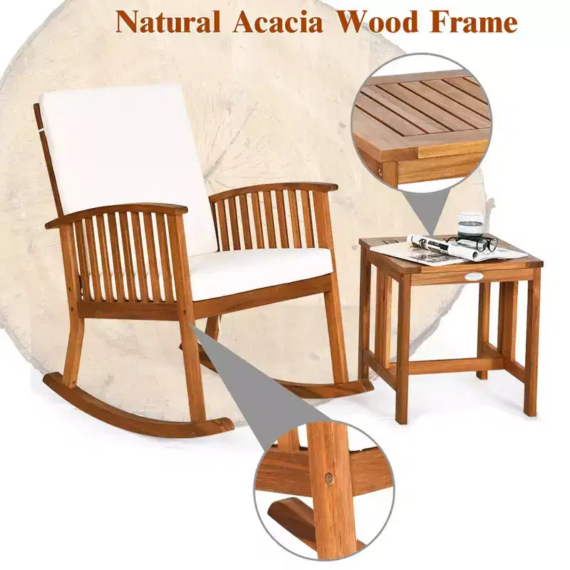 Costway 2PCS Acacia Wood Patio Rocking Chair Set Cushioned Coffee Table