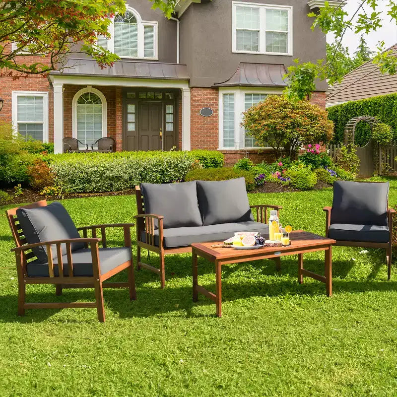Costway 4PCS Wooden Patio Furniture Set Table Sofa Chair Cushioned Garden NEW