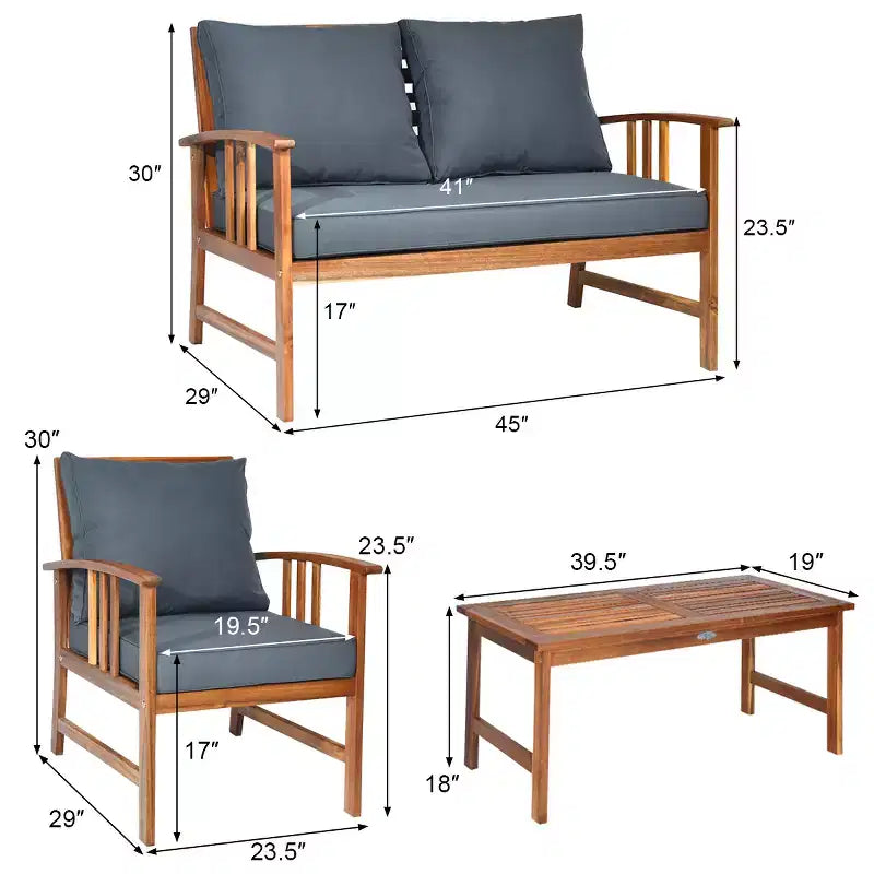 Costway 4PCS Wooden Patio Furniture Set Table Sofa Chair Cushioned Garden NEW
