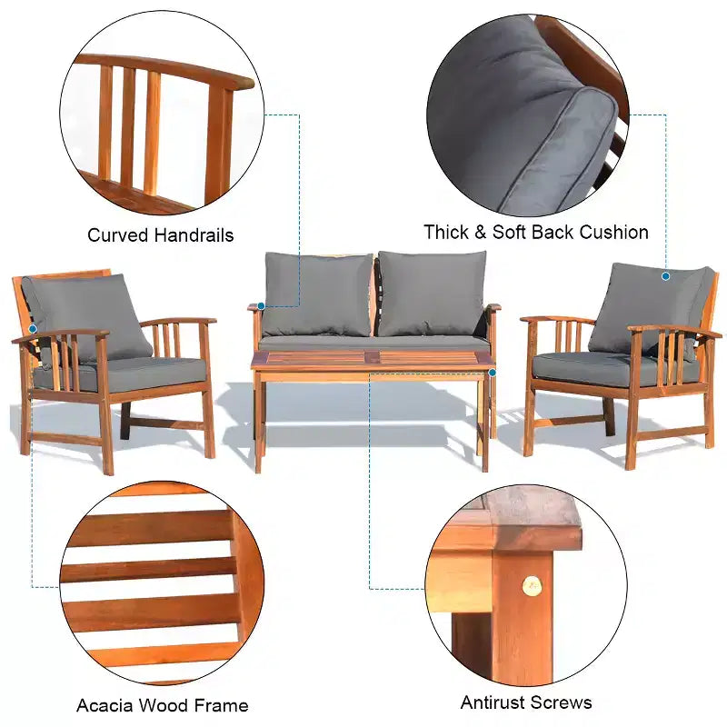 Costway 4PCS Wooden Patio Furniture Set Table Sofa Chair Cushioned Garden NEW