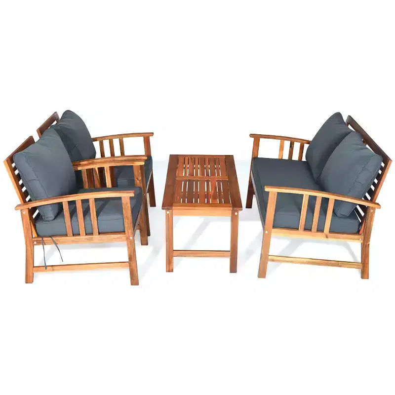 Costway 4PCS Wooden Patio Furniture Set Table Sofa Chair Cushioned Garden NEW