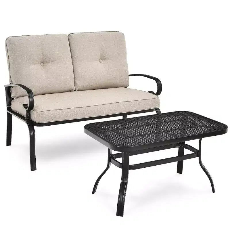 Costway 2PCS Patio Loveseat Bench Table Furniture Set Cushioned Chair