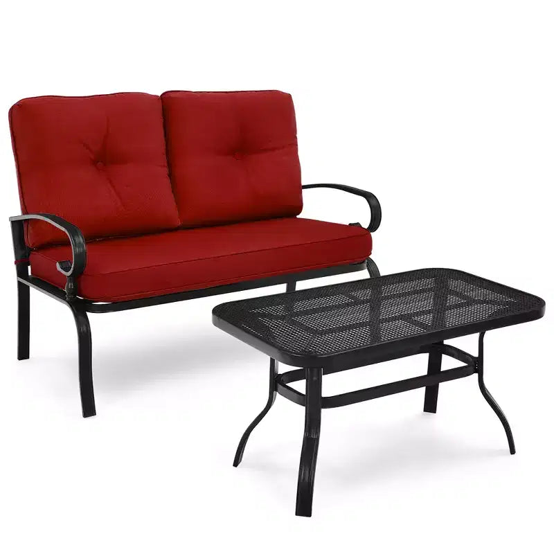 Costway 2PCS Patio Loveseat Bench Table Furniture Set Cushioned Chair