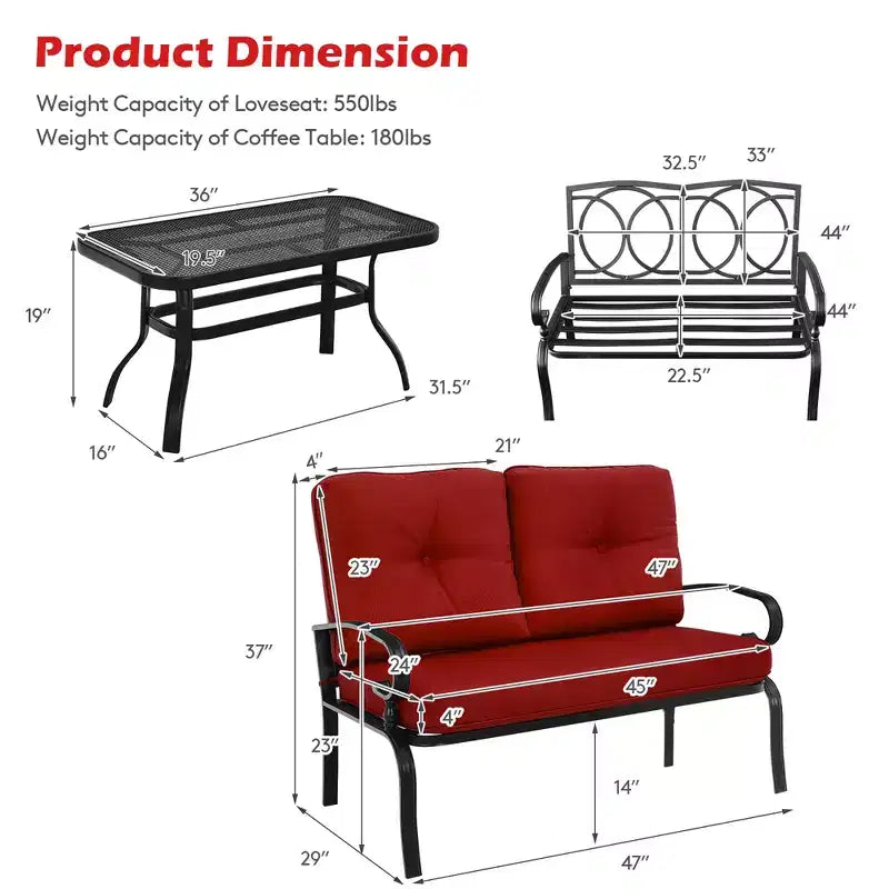 Costway 2PCS Patio Loveseat Bench Table Furniture Set Cushioned Chair