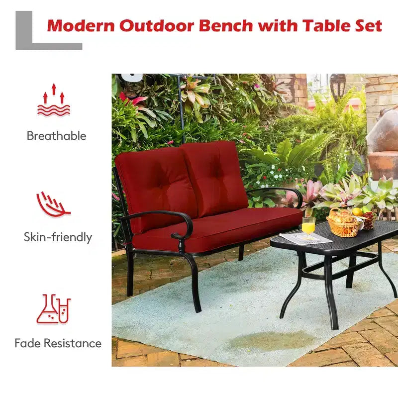 Costway 2PCS Patio Loveseat Bench Table Furniture Set Cushioned Chair