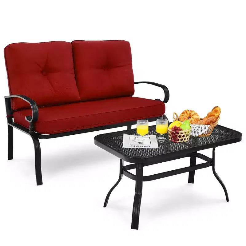 Costway 2PCS Patio Loveseat Bench Table Furniture Set Cushioned Chair