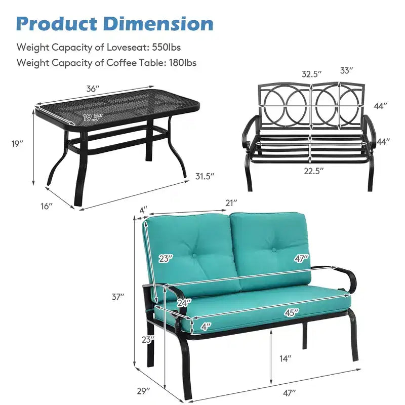Costway 2PCS Patio Loveseat Bench Table Furniture Set Cushioned Chair